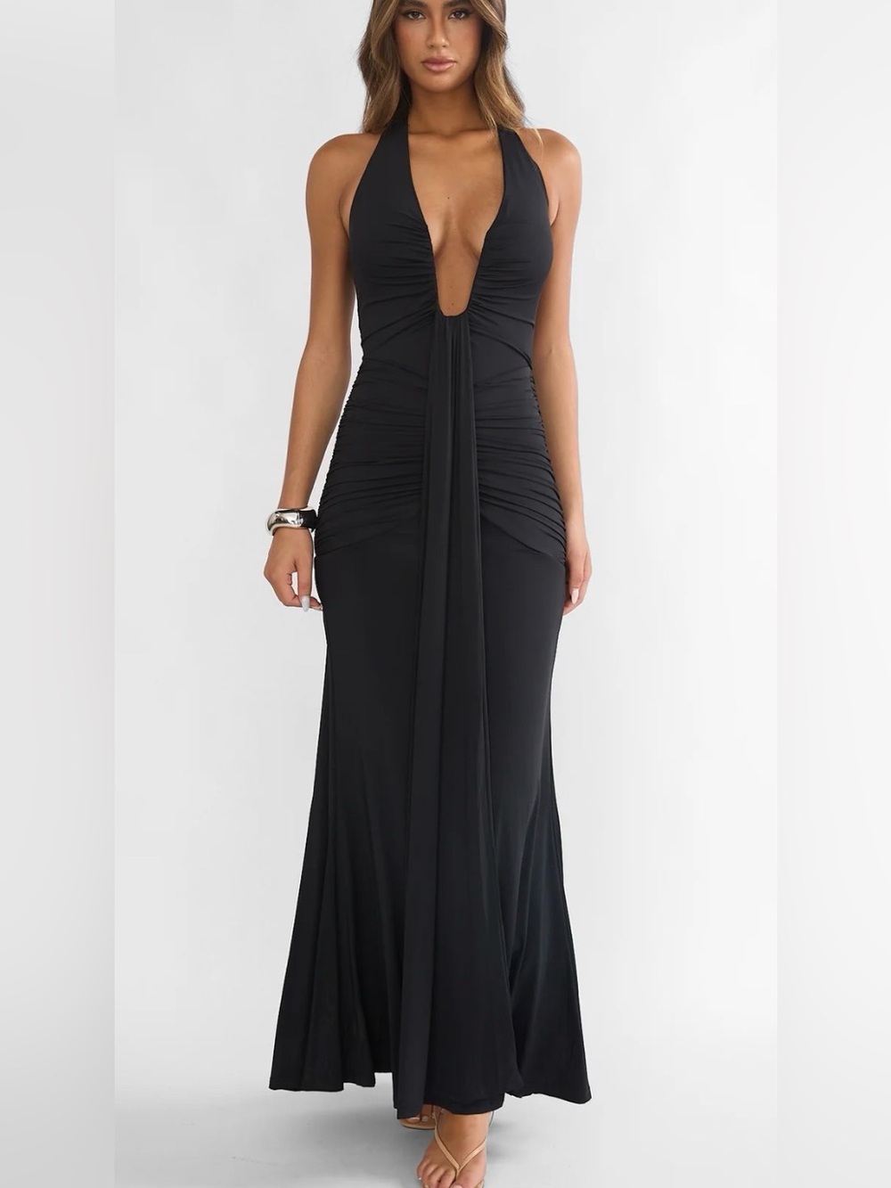 Selfie Leslie Black Plunge Halter Ruched Evening Gown